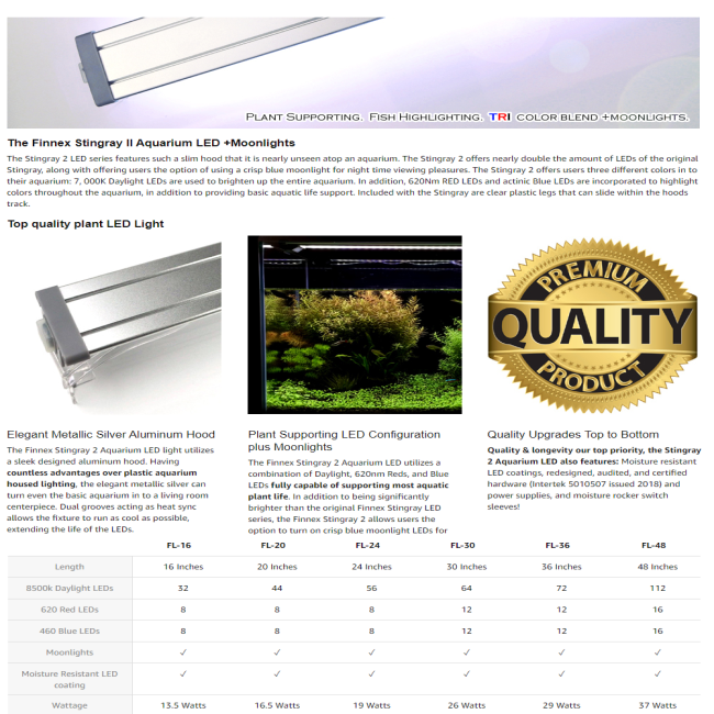 Finnex Stingray Aquarium LED Light, 12-Inch, Black, (JL-12S) : Finnex Stingray Aquarium LED Light, 30-Inch, Black